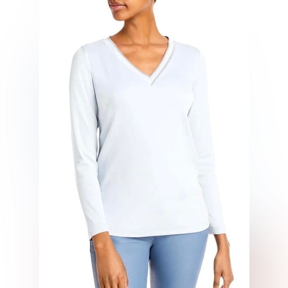 Fabiana Filippi Tops - Fabiana Filippi White V-Neck Top Beaded Silver Neckline